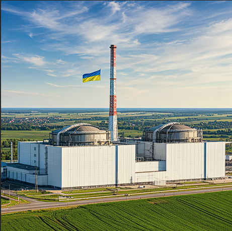 A nuclear power plant in Ukraine with a Ukrainian flag on the tower, symbolizing the nation's energy and defense strategies amidst the ongoing conflict.