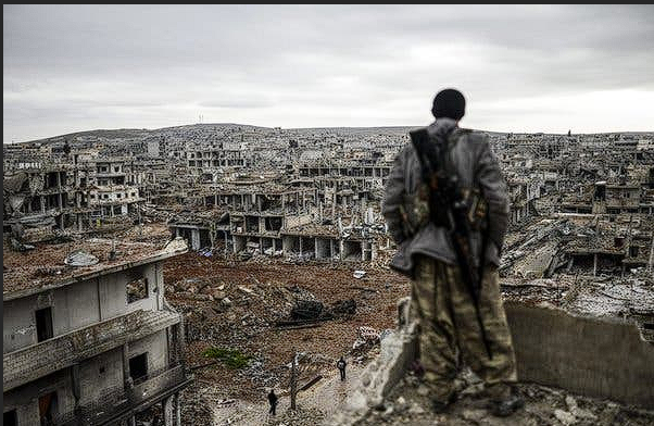 A lone figure armed and standing atop rubble in a devastated urban landscape, representing challenges and uncertainty, akin to navigating forex market trends, scalping indicators, and portfolio strategies.