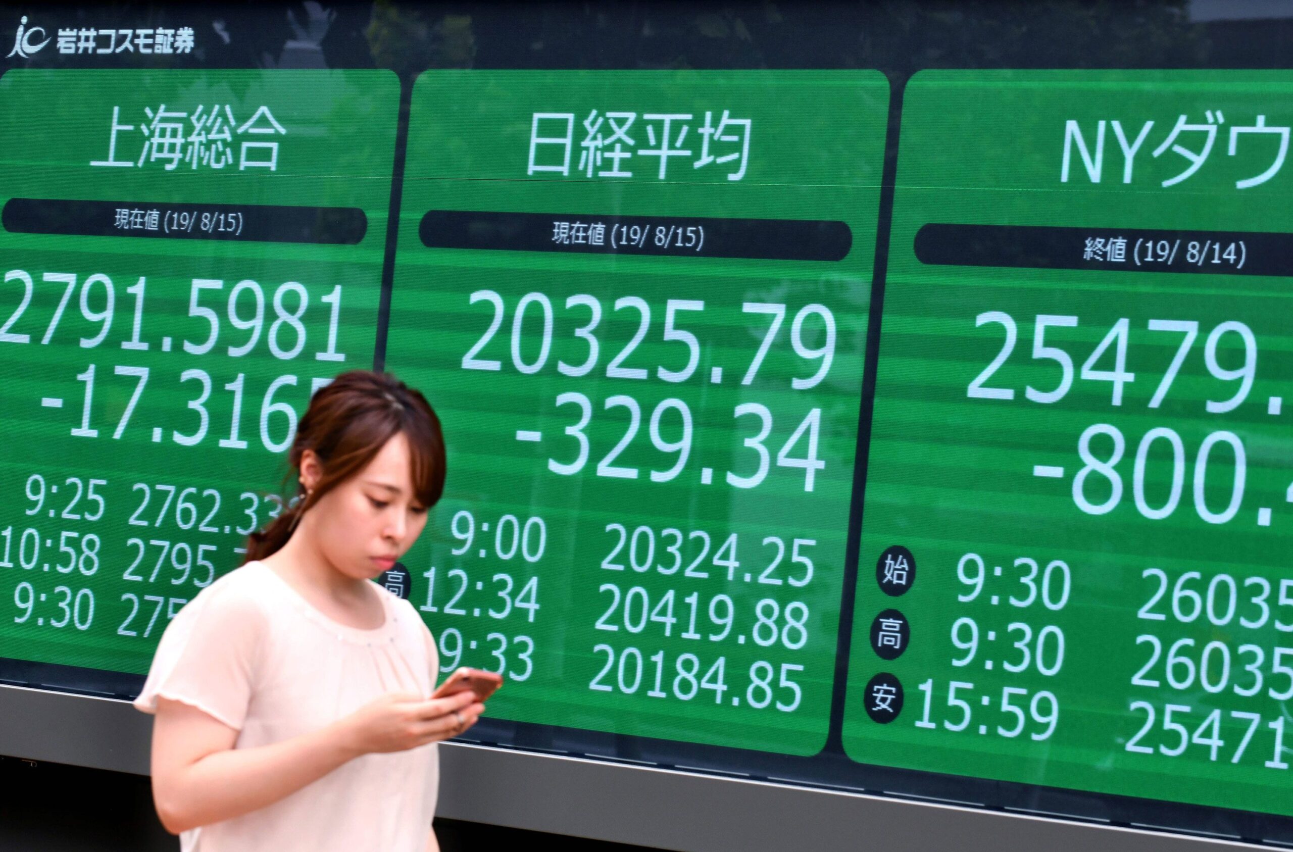 A woman checking her smartphone in front of a large digital display showing Asian stock market indices, including data from the Shanghai Composite, Nikkei, and NY Dow, reflecting market trends and financial updates.